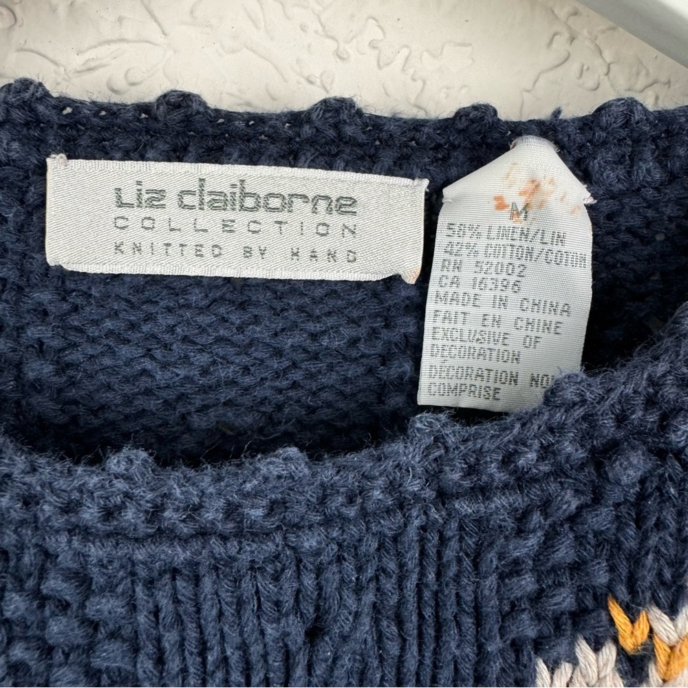 Vintage Liz Claiborne Med Collection Navy Floral Embellished Linen Blend Sweater - Picture 5 of 10